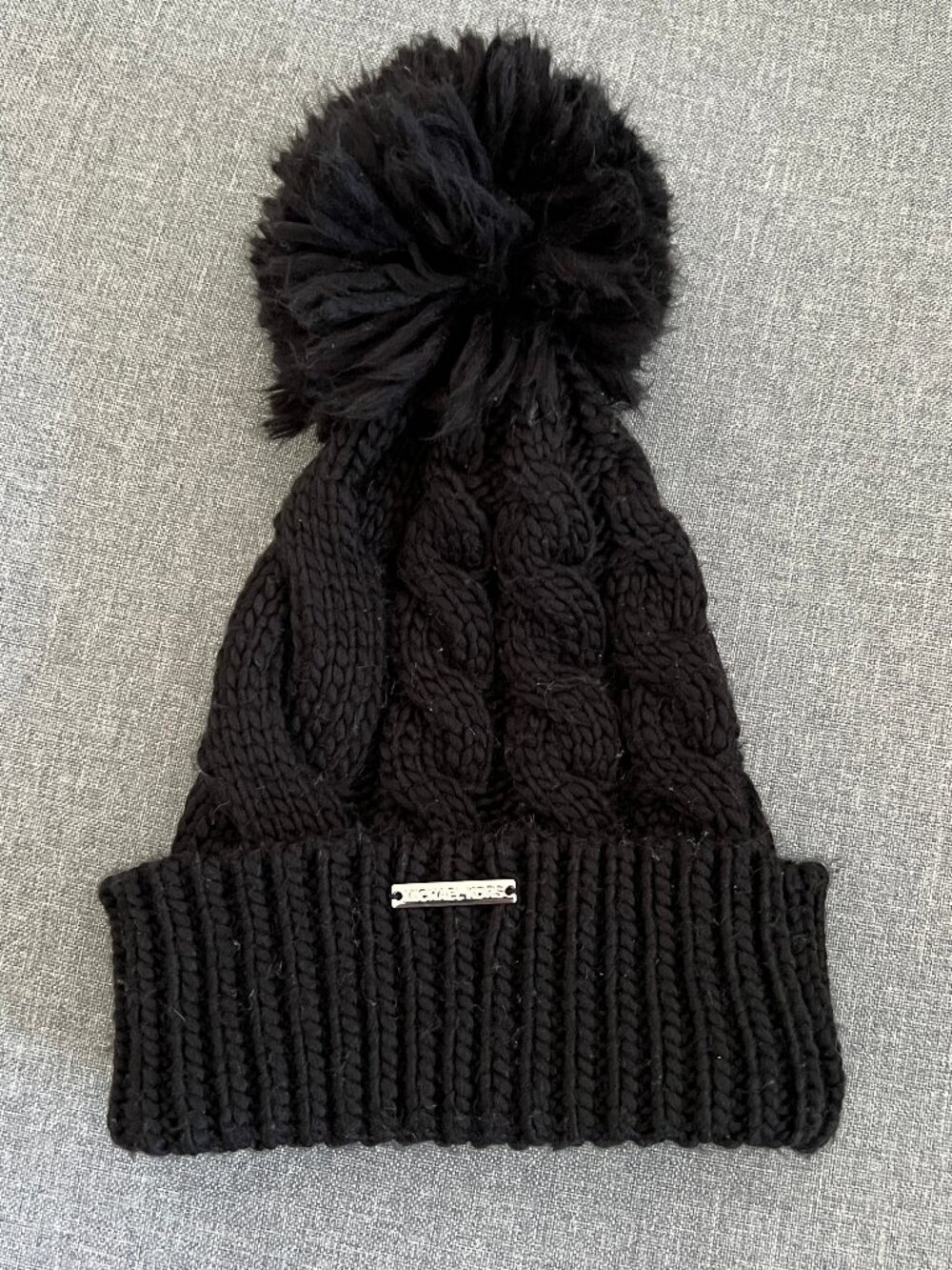 Michael Kors Cable Knit Cuff Pom Beanie Chunky Knit Black One Size